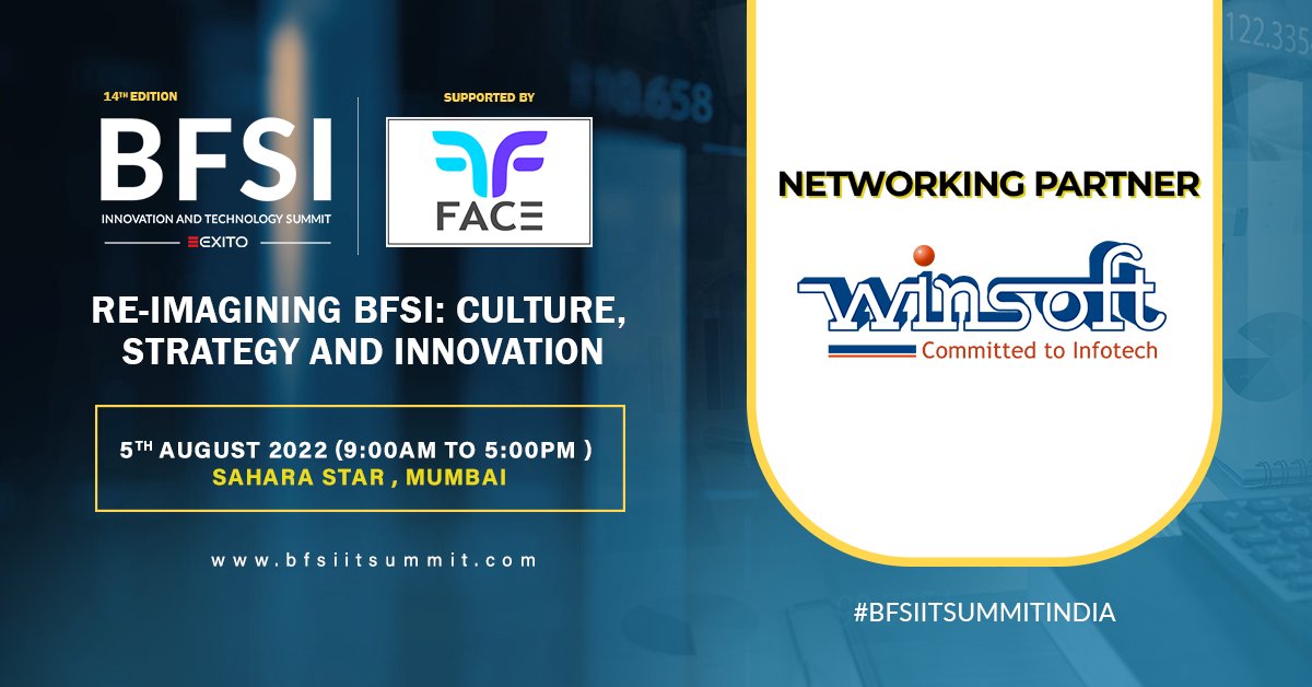ExitoEvents's tweet photo. We are pleased to announce Winsoft Technologies India Pvt Ltd as a Networking Partner at the 14th 𝐄𝐝𝐢𝐭𝐢𝐨𝐧 - BFSI Innovation & Technology Summit 𝐈𝐧𝐝𝐢𝐚 supported by @FACEOfIndiaOrg.
#exito #BFSIITSUMMITINDIA #networkingpartner #winsoft #digitalbanking #physicalevents https://t.co/VPYdcmPFKK