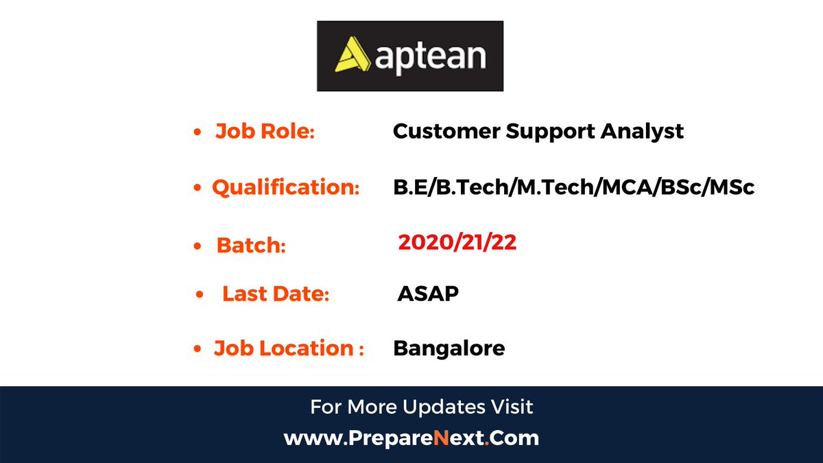 PrepareNext_Com's tweet photo. Aptean Hiring 2022
👉Link https://t.co/f5N9KMUZ25
#aptean #supportanalyst #bangalore #bangalorejobs #bangalorejobseekers #bangalorejob #bengaluru #karnatakajobs #karnataka #fresher #freshers #jobseekers #softwareengineer #jobsearching #jobseeking #jobvacancy #interview #hiring https://t.co/O8kGwA4Vbn