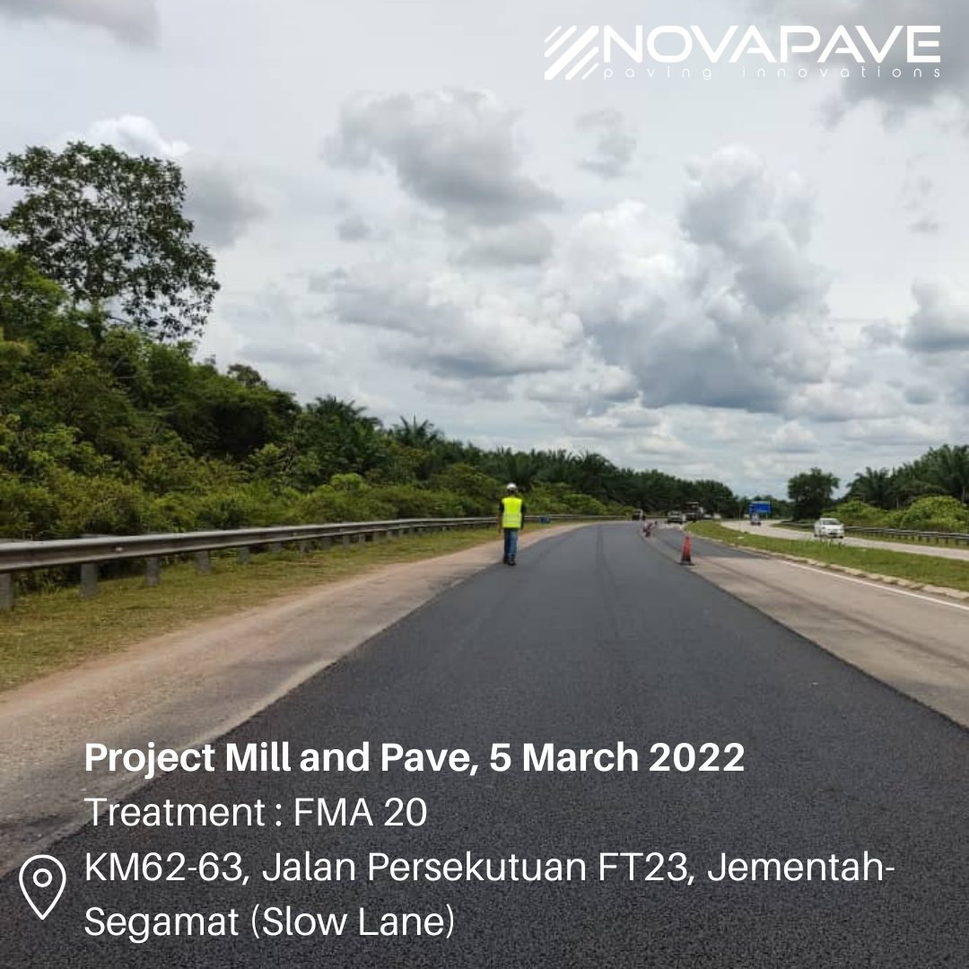 NovapaveSdnBhd's tweet image. Teknologi Fiber Mastic Asphalt (FMA) digunakan untuk Mill and Pave di Jalan Persekutuan FT23, Segamat, Johor dan telah tamat di laksanakan pada 5 March 2022 

#roadtechnology #fibermasticasphalt #pavementtechnology #cellulosefiber