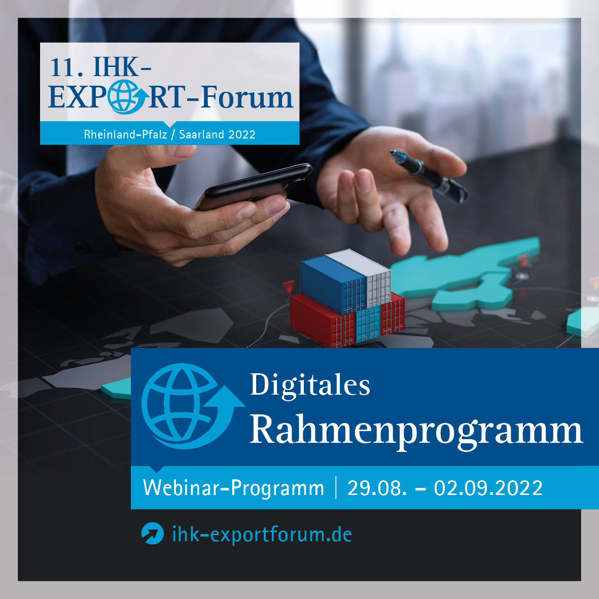ihkkoblenz's tweet photo. Vom 29. 8 bis 2. 9. wird das IHK-#Exportforum durch ein umfangreiches, digitales Rahmenprogramm ergänzt. Die kostenfreien Online-Veranstaltungen beleuchten Länder- und #Außenhandelsthemen und geben wertvolle Informationen und Tipps: https://t.co/3D6O0iup3M https://t.co/He8E1QzP6T