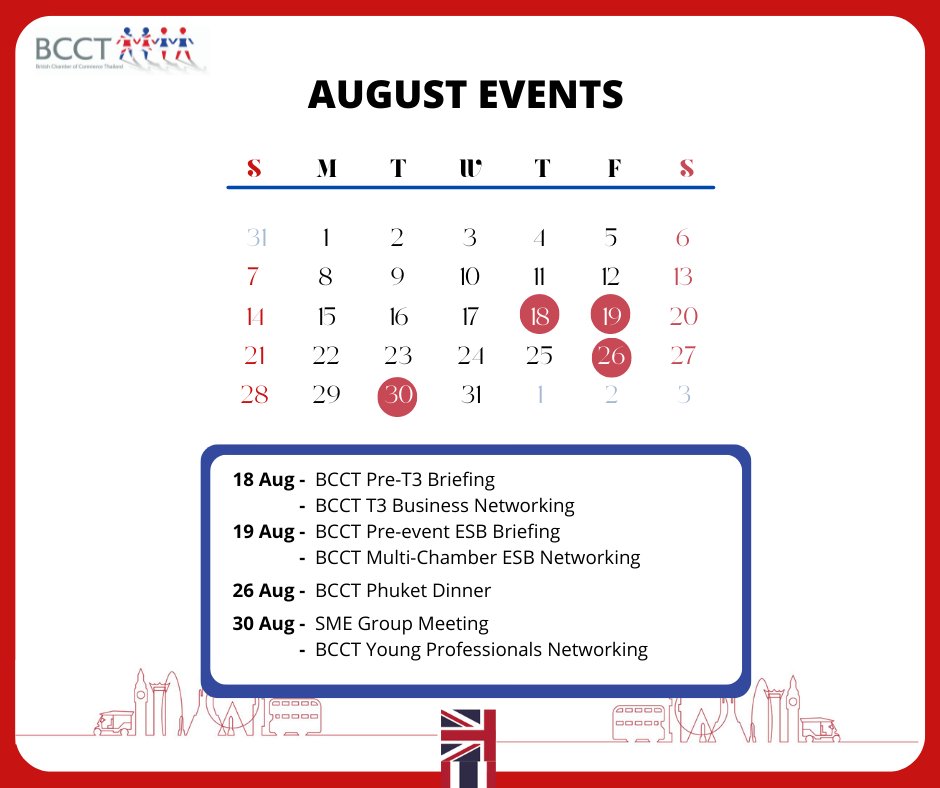 SAVE THE DATES!!

Don't miss out British Chamber of Commerce Thailand Events in August 2022.

More event details on the website page: members.bccthai.com/bcct/asp/event… 

#BCCTHAILAND #August2022 
#Events