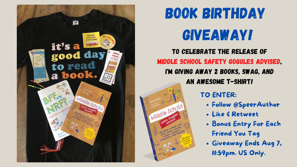 📢!!BOOK BIRTHDAY GIVEAWAY!!📢 Win a copy of #MIDDLESCHOOL - SAFETY GOGGLES ADVISED and #BFForNRF, swag + a t-shirt 🤯 To enter: * Follow, like & retweet this post * Bonus entry: tag a friend Ends AUG 7 @familiustalk @HachetteUS @mgauthorcade @SCBWIRockyMtn #teachers #librarians