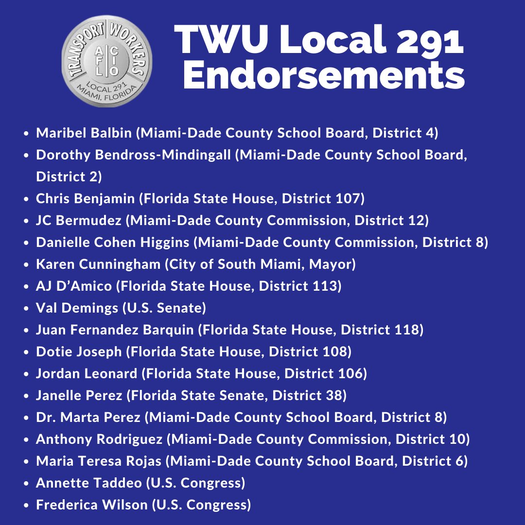 TWU Local 291 Announces Endorsements for Danielle Cohen-Higgins and JC Bermudez in <a href="/MiamiDadeBCC/">Miami-Dade Board of County Commissioners</a> Races. Endorsements include 17 federal, state, and local races for Miami-Dade County.