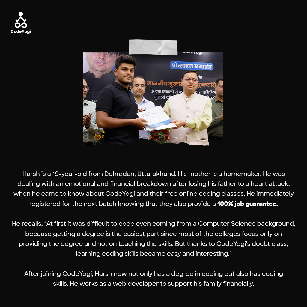 TheCodeYogi_'s tweet photo. "CodeYogi made me realise that skill is more important than a degree"
This is the story of Harsh Rana

Follow @TheCodeYogi_  for more!

#CodeYogi #StriveForExcellence #MeetTheCodeYogis #programming #programmer #python #freecourse #onlinecourse #learntocode #instagram #developer https://t.co/4J8M6KJ0iT
