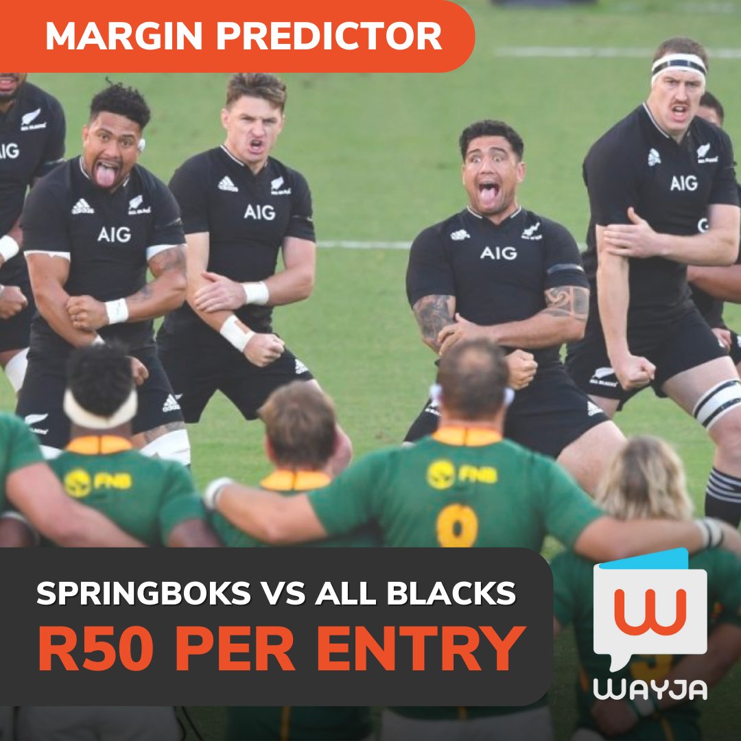 LetsWayja's tweet photo. Predict the winning team and winning margin ahead of Saturday's Springboks vs All Blacks test and you could win it all! (e.g. Boks by 6, All Blacks by 2)
R50 per entry, you may enter multiple times. Entries close at 17h00 on 6th August: https://t.co/EPn95vYoge
#LetsWayja https://t.co/WUizauhYhb