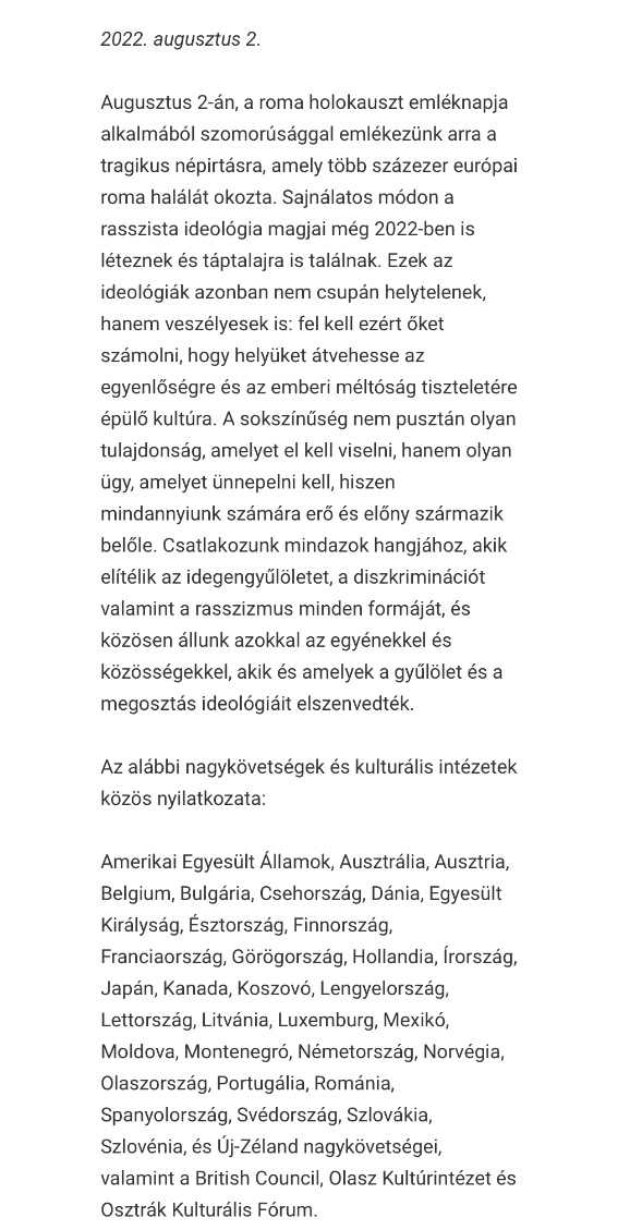 NLinHungary's tweet photo. Today, on the occasion of Roma Holocaust Memorial Day we remember with somberness the tragic genocide of hundreds of thousands of Europe’s Roma people. Read the statement signed by embassies/cultural institutions  🇦🇺🇦🇹🇧🇪🇧🇬🇨🇦🇨🇿🇩🇰🇪🇪🇫🇮🇫🇷🇩🇪🇬🇷🇮🇪🇮🇹🇯🇵🇽🇰🇱🇻🇱🇹🇱🇺🇲🇽🇲🇩🇲🇪🇳🇿🇳🇴🇵🇱🇵🇹🇷🇴🇸🇰🇪🇸🇸🇪🇳🇱🇬🇧🇺🇸 https://t.co/xQybD18u08