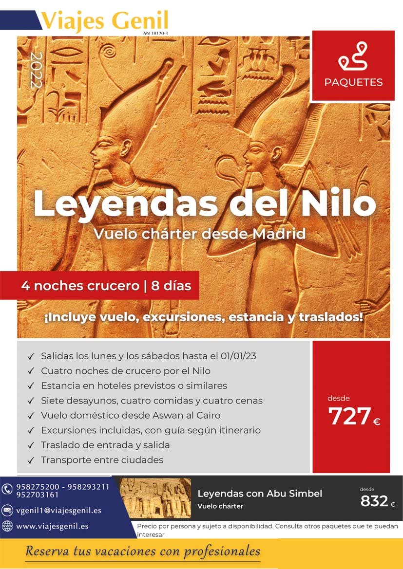 🐪"Leyendas del Nilo" incluyendo, vuelo, excursiones, estancia y traslados.
 
Amplía la información llamándonos:
👇
☎️958275200-952703161

#Egipto #ofertasdeviaje #viajesgenil #ganasdeviajar