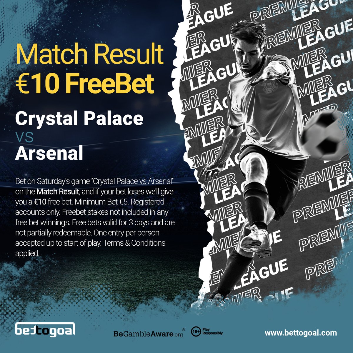 bettogoal's tweet photo. ⚽️#bettogoal Match Result FreeBet⚽️
💰Bet on the Crystal Palace VS Arsenal game and if your bet loses we are giving you €10 FreeBet💰
👉https://t.co/3wzxDmDuQz
#bettingtips #bettingsports #GamblingTwitter #match2022 #FreeBet #CPFCARS #CPFC #Arsenal #PremierLeague #football https://t.co/MrjTzyiY7I