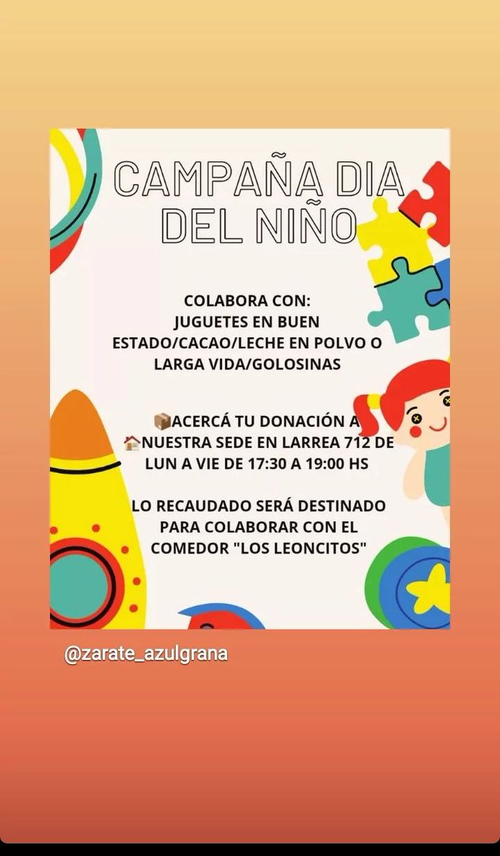 PSL_Zarate's tweet photo. 📢 Seguimos con la "Campaña día del Niño" No te olvides de aportar tu granito 💪💙♥️💙 https://t.co/SKf93lz0A8
