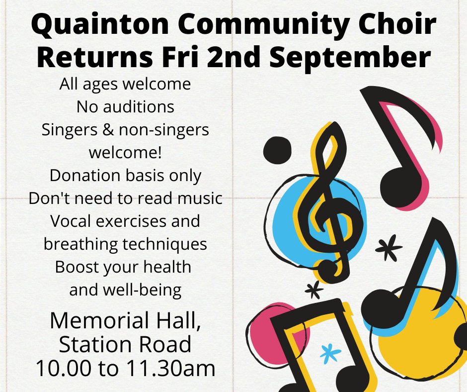 steveflashman's tweet photo. Take a breath. Breathe deeply. Find your voice. Enhance your health and well-being. Our Community Choir is back, 2nd Sept at 10.00am at Quainton Memorial Hall. "But Steve, I can't sing." "Donuts! I'll help you find your voice." https://t.co/HeJVLXMxVE
