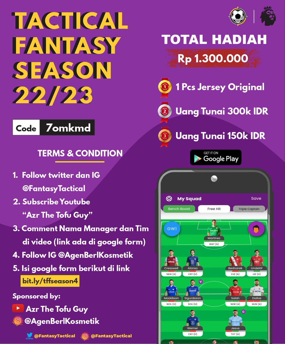 We proudly present Tactical FPL League Season 4!!

Satu-satunya aplikasi FPL buatan anak Indonesia. 1 Manager hanya boleh 1 Akun. Link lengkap di bit.ly/tffseason4

Hadiah disponsori oleh YT Azr The Tofu Guy dan <a href="/Adipuja/">Adipuja Rahmadinata</a>
Liga ditutup setelah deadline GW2 (13 Agt 17.00 WIB)