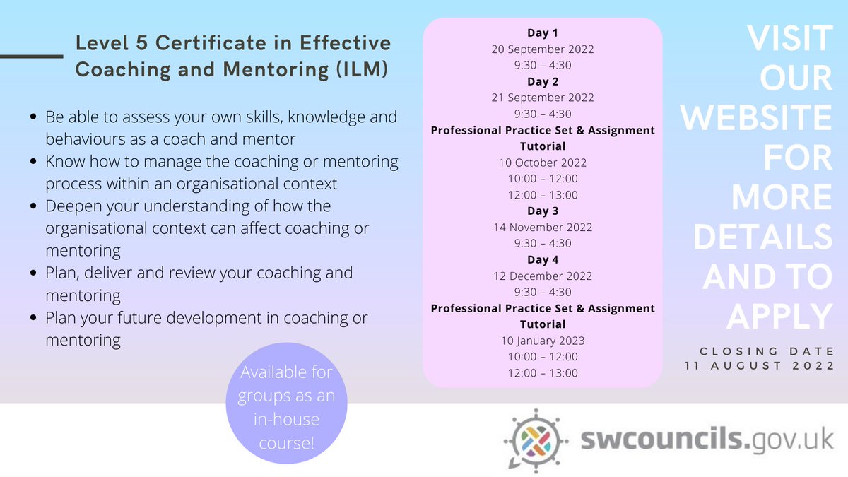 SWCouncils's tweet photo. This course is for managers and those with significant responsibility for coaching and mentoring as part of their daily role! It's also ideal for individuals who wish to move into a development role or start a career as a freelance coach or mentor.

https://t.co/q51Vwp4Kvs https://t.co/NK20CA89zE