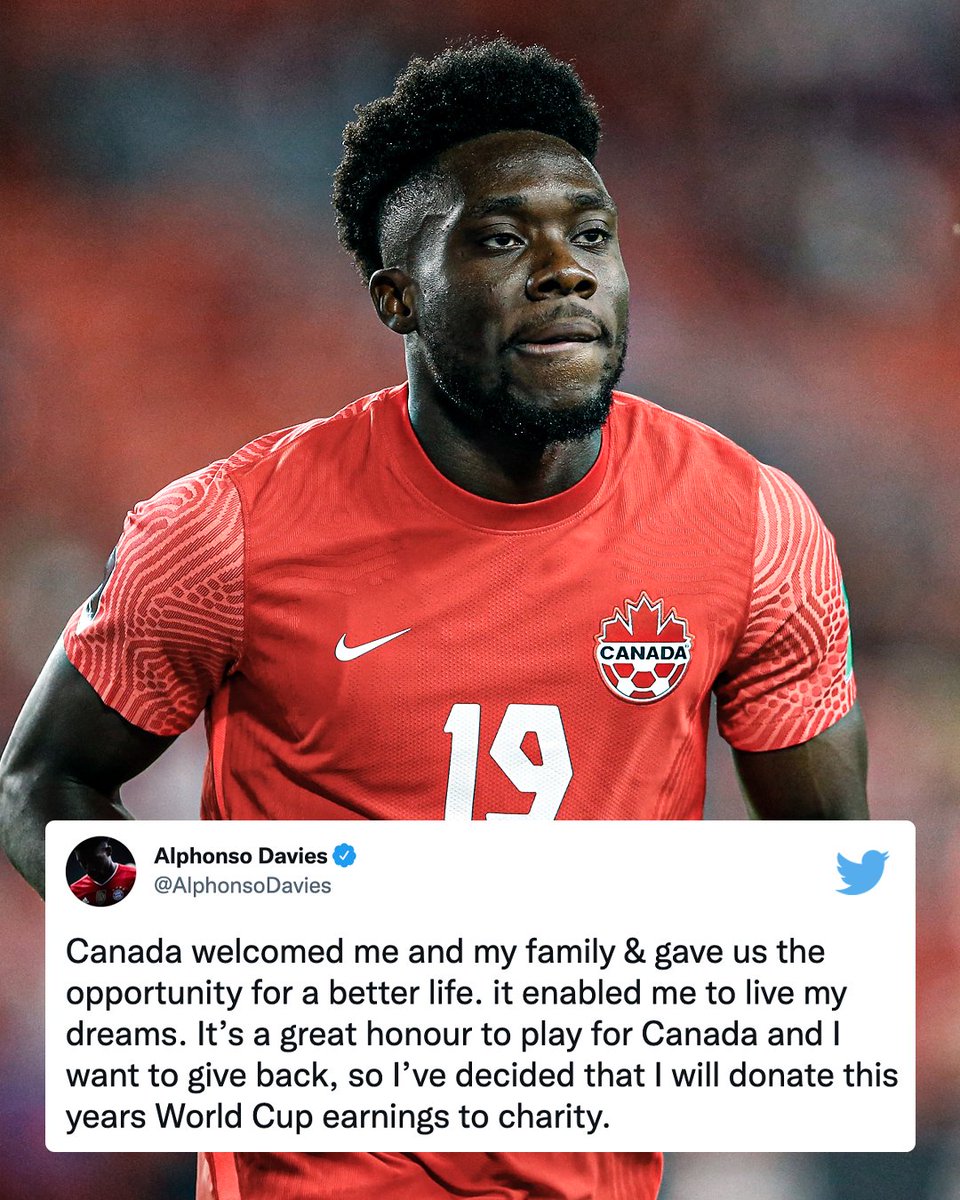 ESPNFC's tweet photo. Alphonso Davies is donating all of his World Cup earnings to charity ❤️ https://t.co/xML4rmJqr0