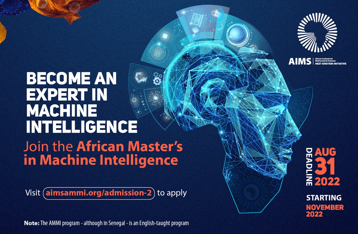 #Opportunity

The application to the African Master's of Machine Intelligence (AMMI) is open! 

If you have a bachelor’s degree in maths, computer science and engineering, or electrical engineering, apply today via: aimsammi.org.  

Deadline: 2022-08-31.
