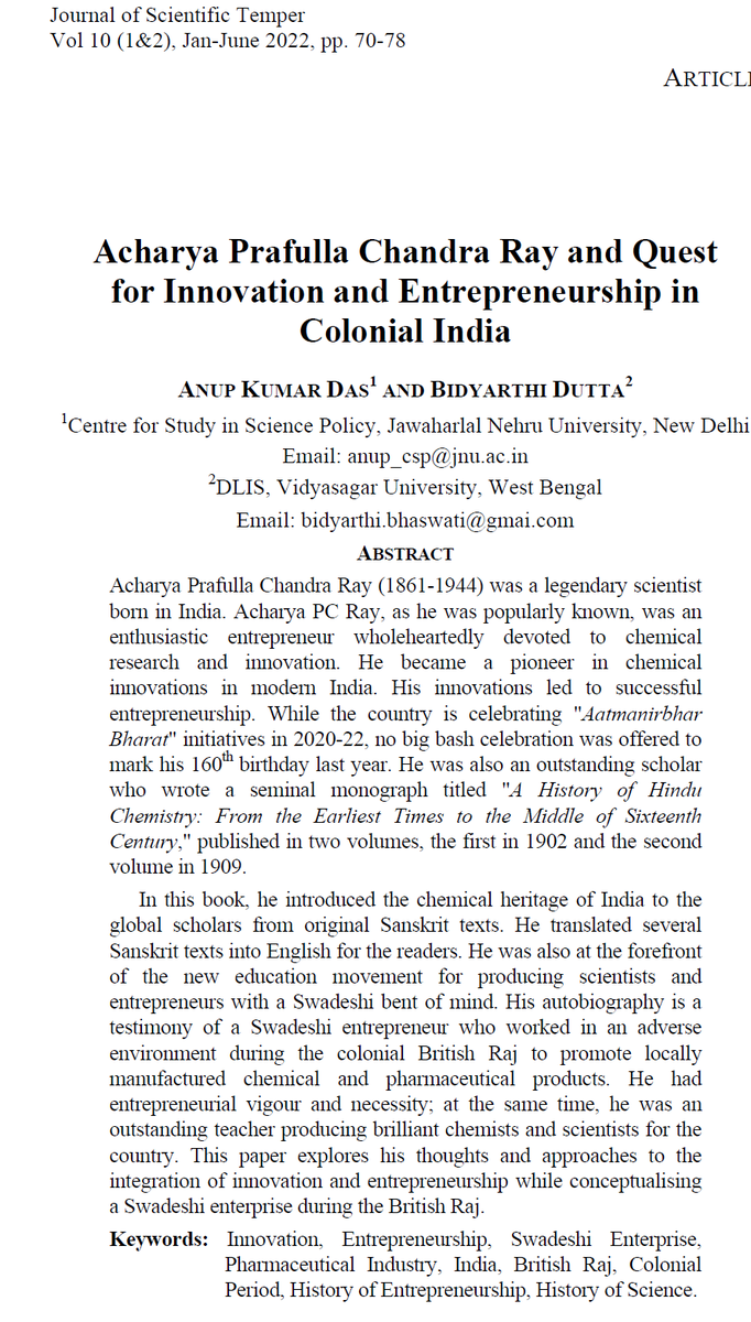 TRCSS2's tweet photo. A nice JST article on #PCRay, who established #BengalChemicals as a Swadeshi Enterprise, an exemplary #AatmaNirbharBharat institution.
"Acharya #PrafullaChandraRay and Quest for #Innovation and #Entrepreneurship in Colonial #India"
Read: https://t.co/JBEjGnERnY https://t.co/SmguyTN9z5