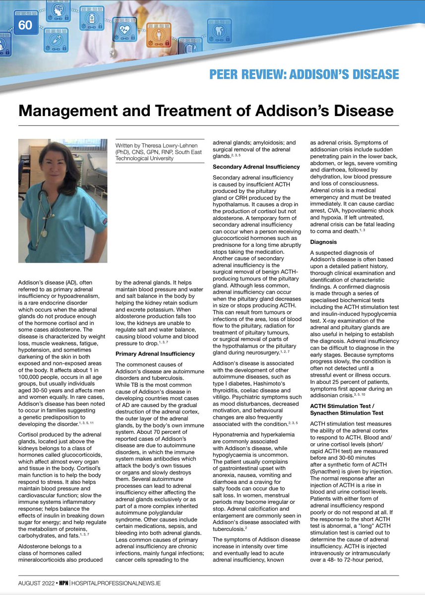 lehnent's tweet photo. #AddisonsDisease is a rare #EndocrineDisorder that occurs when the adrenal glands do not produce enough #cortisol &amp; in some cases aldosterone. It affects about 1:100,000 people, &amp; 9,000 people in 🇮🇪 &amp; 🇬🇧 Read more in my #AD article in #HPN @HospitalProNews https://t.co/hlo8yfDtwZ https://t.co/NPzoJJVegX