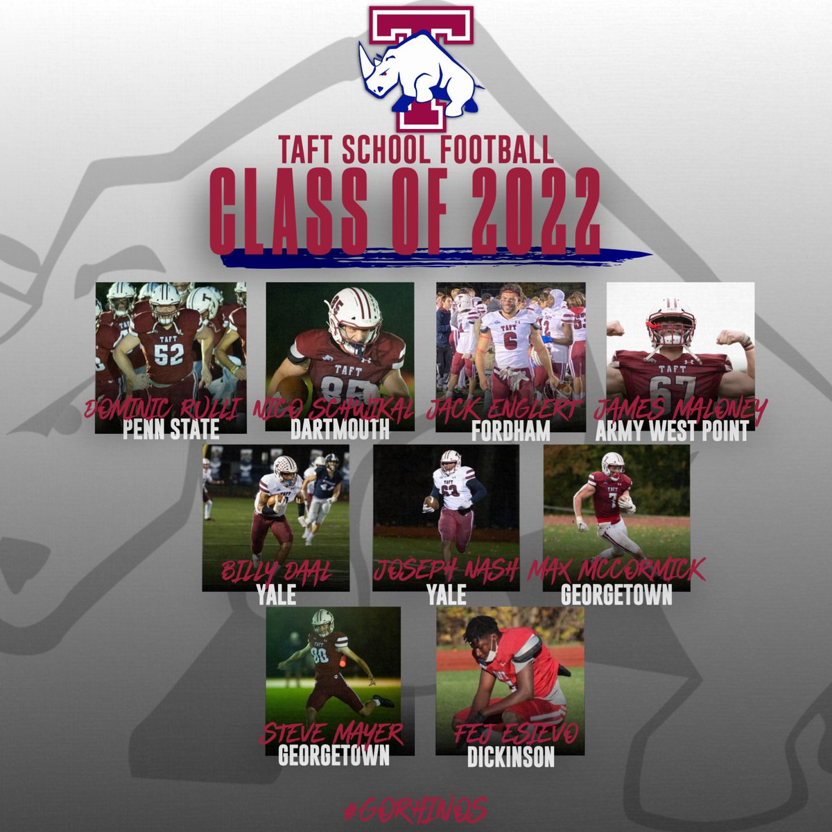 Taft Football (@taftfootballct) on Twitter photo Good luck to our Class of 2022 as they start their college careers! ๐ฆ๐
<a href="/rulli_dominic/">Dominic Rulli</a> <a href="/PennStateFball/">Penn State Football</a>
<a href="/NSchwikal/">Nicholas -Nico- Schwikal LB/TE</a> <a href="/DartmouthFTBL/">Dartmouth Football</a>
<a href="/JackEnglert6/">Jack Englert</a> <a href="/FORDHAMFOOTBALL/">Fordham Football</a> <a href="/jamesMalo2022/">James Maloney</a> <a href="/ArmyWP_Football/">Army Football</a>
<a href="/DaalWilhelm/">BillyDaal</a> <a href="/josephnash983/">Joseph Nash</a> <a href="/yalefootball/">Yale Football</a> <a href="/iammaxmccormick/">Max McCormick โ </a> @SteveMayer2022 <a href="/HoyasFB/">Georgetown Football</a> Good luck to our Class of 2022 as they start their college careers! ๐ฆ๐
<a href="/rulli_dominic/">Dominic Rulli</a> <a href="/PennStateFball/">Penn State Football</a>
<a href="/NSchwikal/">Nicholas -Nico- Schwikal LB/TE</a> <a href="/DartmouthFTBL/">Dartmouth Football</a>
<a href="/JackEnglert6/">Jack Englert</a> <a href="/FORDHAMFOOTBALL/">Fordham Football</a> <a href="/jamesMalo2022/">James Maloney</a> <a href="/ArmyWP_Football/">Army Football</a>
<a href="/DaalWilhelm/">BillyDaal</a> <a href="/josephnash983/">Joseph Nash</a> <a href="/yalefootball/">Yale Football</a> <a href="/iammaxmccormick/">Max McCormick โ </a> @SteveMayer2022 <a href="/HoyasFB/">Georgetown Football</a>