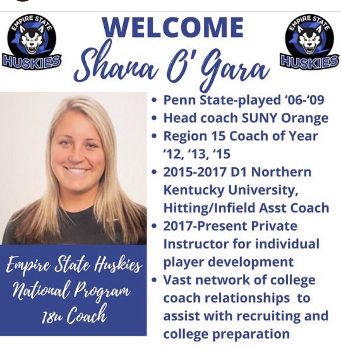 We are very excited for our 18u Nat Team being led by Shana O’Gara! She brings years of experience as a Penn StateAlum &amp; former D1 coach to our national team program! Final Tryout for 18u team is tonight! These athletes will be ready to compete when they hit their college campus!
