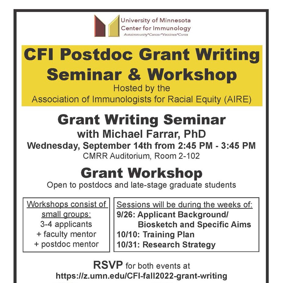 For UMN colleagues: Our 2nd annual AIRE postdoctoral grantwriting workshop is coming <a href="/CFI_UMN/">CFI-UMN</a>! Seminar by <a href="/MNFarrarLab/">Farrarlab</a>. Past participants have achieved great success in winning external funding. Big thanks to our team, esp <a href="/tori_osinski/">Tori Osinski</a> and Mike Stolley! Pls reach out w questions