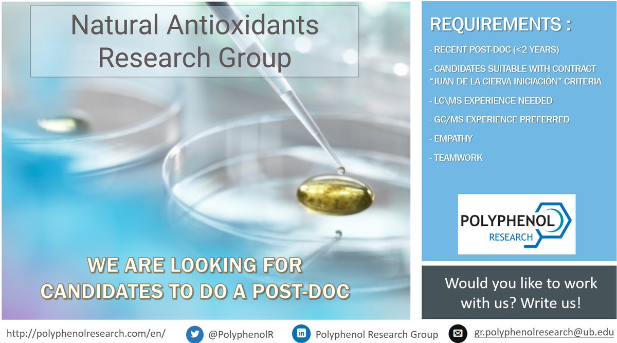 Polyphenol_Research (@polyphenolr) on Twitter photo Would you like to work with us? We are looking for candidates to do a post-doc.
Contact us on gr.polyphenolresearch@ub.edu
#polyphenols; #postgrado; #work; #research Would you like to work with us? We are looking for candidates to do a post-doc.
Contact us on gr.polyphenolresearch@ub.edu
#polyphenols; #postgrado; #work; #research