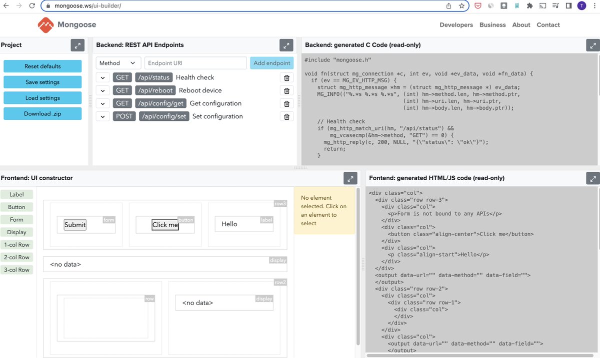 CesantaHQ's tweet image. Cesanta released “Interactive UI Builder” - a no-code learning bootstrap Web UI builder tool. bit.ly/3QgFGrU
To help developers with Web UI Interface building and Web-accessible control panel creation.
#WebUI #mongoose #nocode #nocodelowcode
