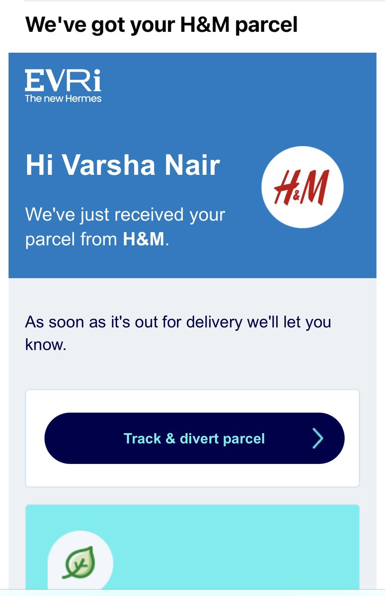 Varshnair's tweet photo. This email always fills me with dread! Evri will again be careless with the instructions provided and lose my package! @hm UK I wish you would change your delivery partner https://t.co/mFyyGs0kLz