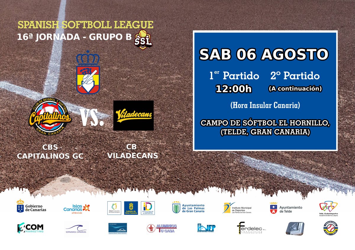 ClubCapitalinos's tweet photo. 🥎 #DíaDePartido #SpanishSoftballLeague 

🏆 J16 Grupo B
🆚 @BeisbolVila 
⌚️ 12h00hic
⌚️ 2º a continuación
🏟 El Hornillo
📺 https://t.co/Fdm3NqaGsV

#SomosCapitalinos #GCIslaeEuropeadelDeporte #grancanaria #GranDestino #MuchoPorVivir #islascanariaslatituddevida #DeportesTelde https://t.co/iFPkZNw7Dw