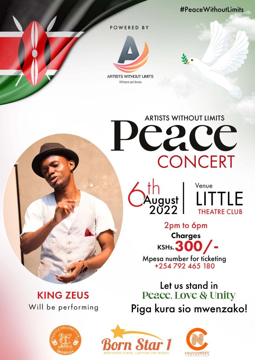 AWL_CBO's tweet photo. Peace Concert at Little Theater Club - Mombasa.

One language of Peace, one tribe of Peace.

#artistswothoutlimits #peacewithoutlimits #pigakurausipigemwenzako https://t.co/8RQuhPZYjw