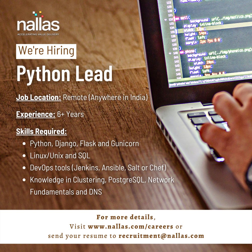 NallasCorp's tweet image. We're Hiring, Python Lead
Join Nallas, one of the fastest growing Tech Companies
Elevate your career... Apply Now --> nallas.com/careers/python…
#hiringnow #pythonlead #pythondeveloper #joboppurtunity #jobseekers #jobalert #remotejob #workfromhome #nallas #nallascareers