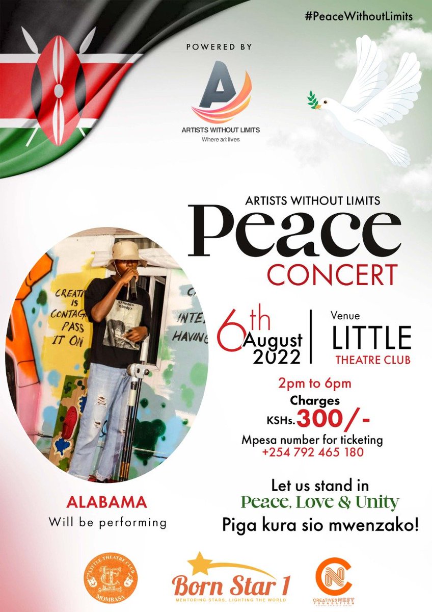 AWL_CBO's tweet photo. Peace Concert at Little Theater Club - Mombasa.

One language of Peace, one tribe of Peace.

#artistswothoutlimits #peacewithoutlimits #pigakurausipigemwenzako https://t.co/mc6SyWkBKn