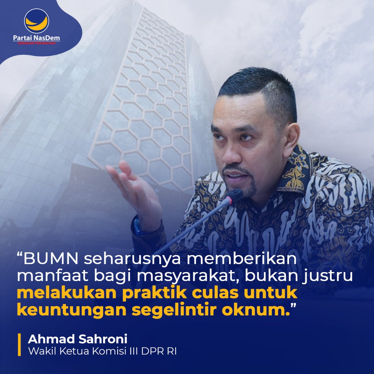 Wakil Ketua Komisi III DPR RI, @roni_ASC meminta aparat penegak hukum memberantas korupsi di BUMN. Ia mendukung Kejaksaan Agung yang sedang mengungkap kasus dugaan korupsi sebesar Rp2,5 triliun di PT Waskita Beton Precast Tbk. #FRAKSINASDEM #NasDemPeduli #NasDemAntiMahar