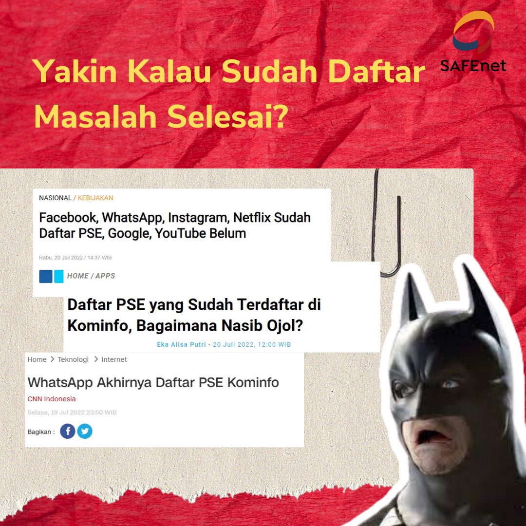 niwseir's tweet photo. Gua kasih tau, problem bukan di blokar-blokir. Problem justru di PSE yang tidak diblokir karena udah registrasi. Kenapa?
Karena hak kebebasan berpendapat dan berekspresi, dan privasi lo akan menjadi terancam di platform mereka.
Cek infografis by @safenetvoice ini
#BlokirKominfo https://t.co/goL8pUph1e