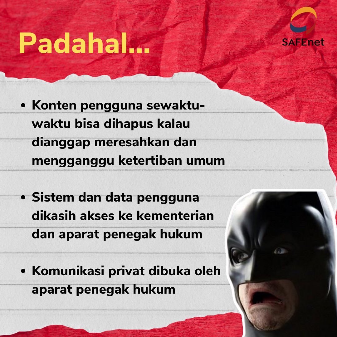 niwseir's tweet photo. Gua kasih tau, problem bukan di blokar-blokir. Problem justru di PSE yang tidak diblokir karena udah registrasi. Kenapa?
Karena hak kebebasan berpendapat dan berekspresi, dan privasi lo akan menjadi terancam di platform mereka.
Cek infografis by @safenetvoice ini
#BlokirKominfo https://t.co/goL8pUph1e