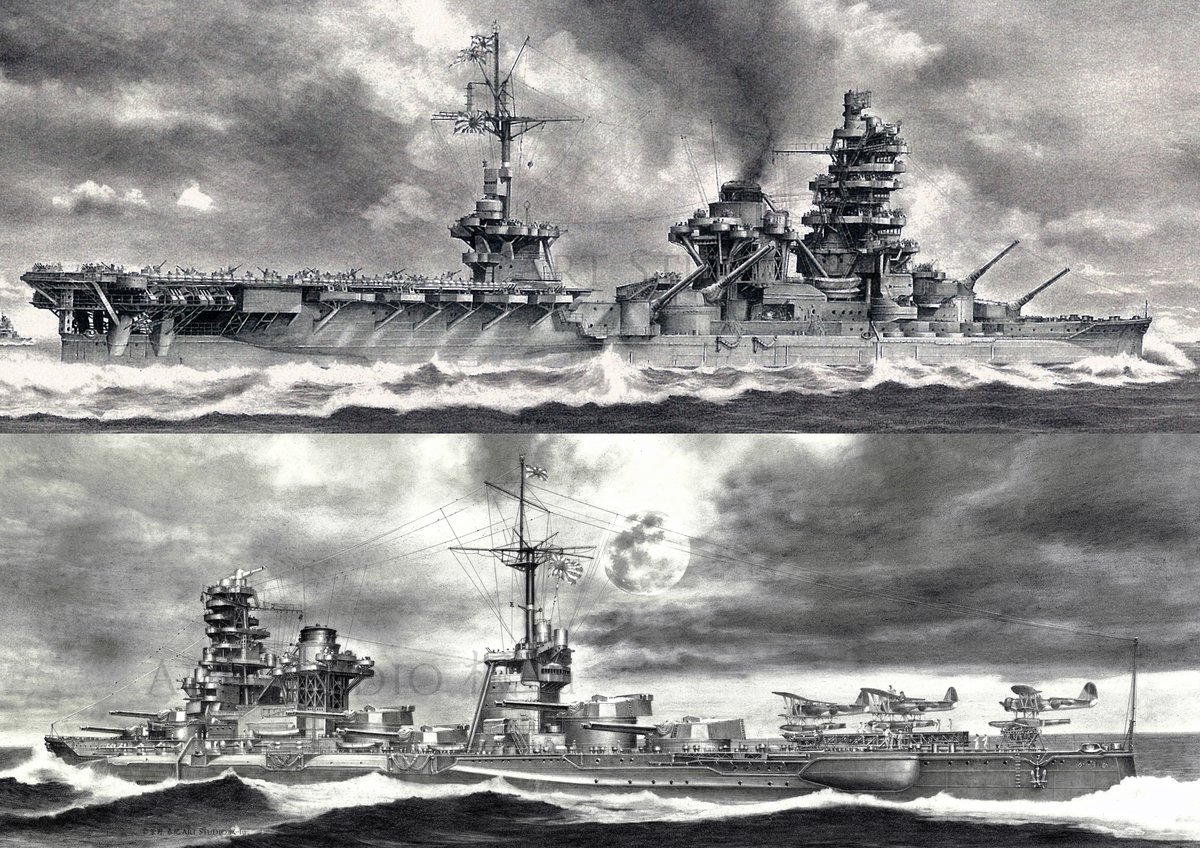 2 works depicting the Ise class battleships on display at the Yushukan. The upper image depicts the Ise, which became an aircraft carrier battleship. The lower image depicts Hyuga in her pure battleship form. Please come and see them at the exhibition. 