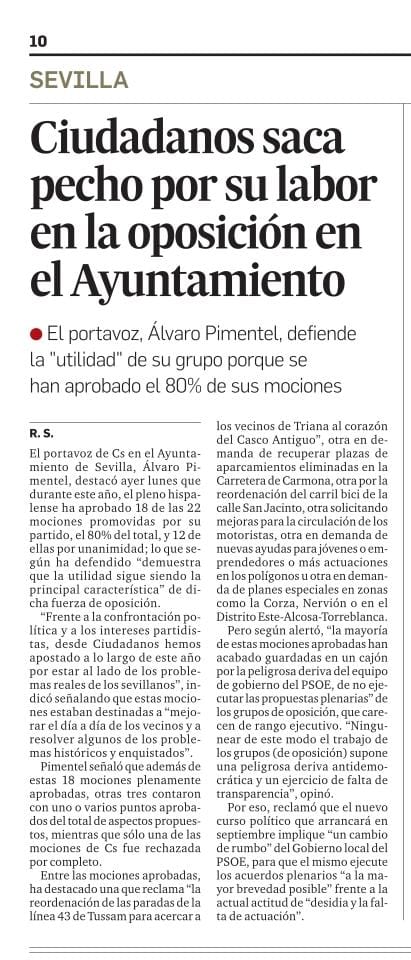 CS_Sevilla_'s tweet photo. 📝 Ser útiles a los sevillanos es el objetivo de nuestro trabajo. Este curso político se han aprobado el 80% de las mociones que hemos presentado en el Pleno. Ahora sólo queda que el gobierno del PSOE sea capaz de ejecutarlas.

🗞 Así recoge nuestro trabajo la prensa de hoy... https://t.co/f4FefYzqTr