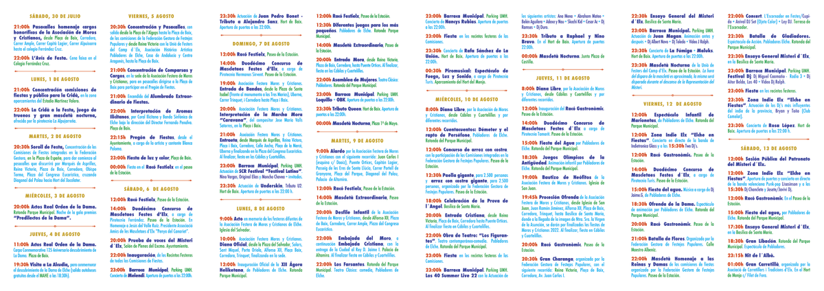 ¡Ya han comenzado las Festes d'Elx! 👏🎆

Os dejamos la programación oficial completa de las fiestas para que consultéis qué hacer durante estas fechas, ¡estad atentos!

Programa completo: visitelche.com/evento/program…