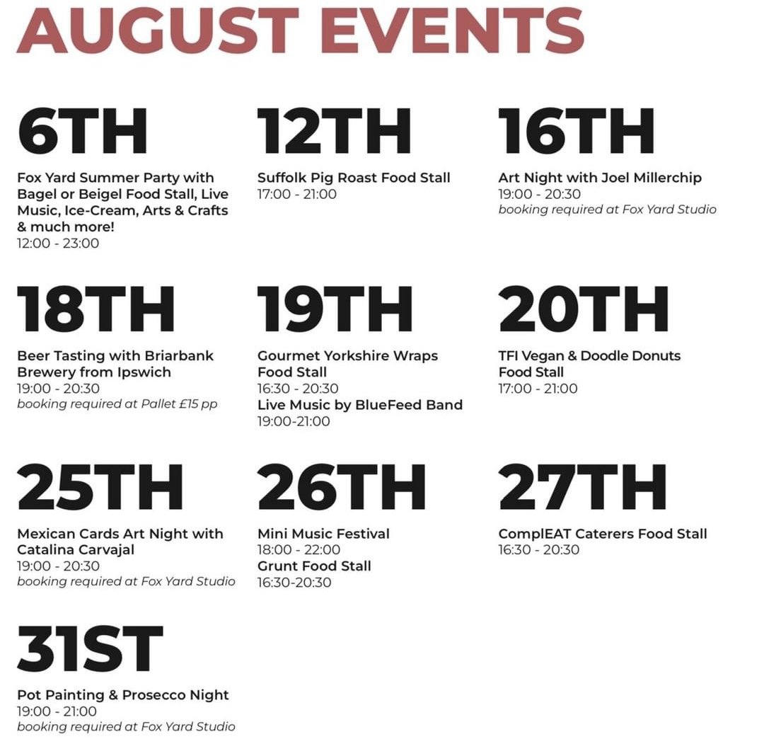 AUGUST EVENTS🥳 Food stalls, live music, music festival and our YARD PARTY! Saturday 6th August 12-11PM