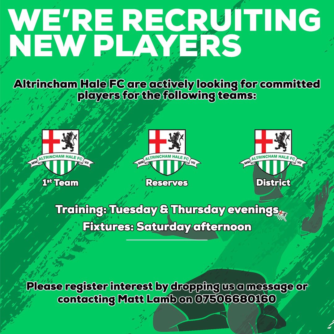 We’re looking for new players! 

If you’re looking for a Saturday Team of varying levels, with an unbeatable social side, feel free to slide in the DMs! 👀

<a href="/altrinchamtoday/">Altrincham Today</a> <a href="/MessengerNews_/">The Messenger</a> <a href="/RadioAlty/">Radio Alty</a> please share! 

#AltyHale #NewPlayers #FindAClub