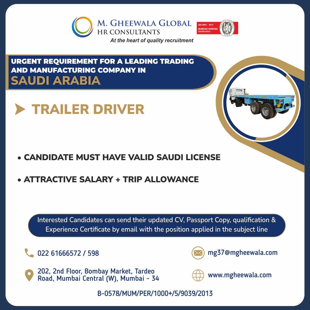 mgheewala_hrc's tweet image. Job Vacancies for #SaudiArabia

Interested Candidates can send the updated resume to mg37@mgheewala.com

Learn More mgheewala.com

#driver #drivingjob #trailerdriver #truckdriver #heavydriver #saudilicense #indiandriver #technicalrecruitment #saudijobs