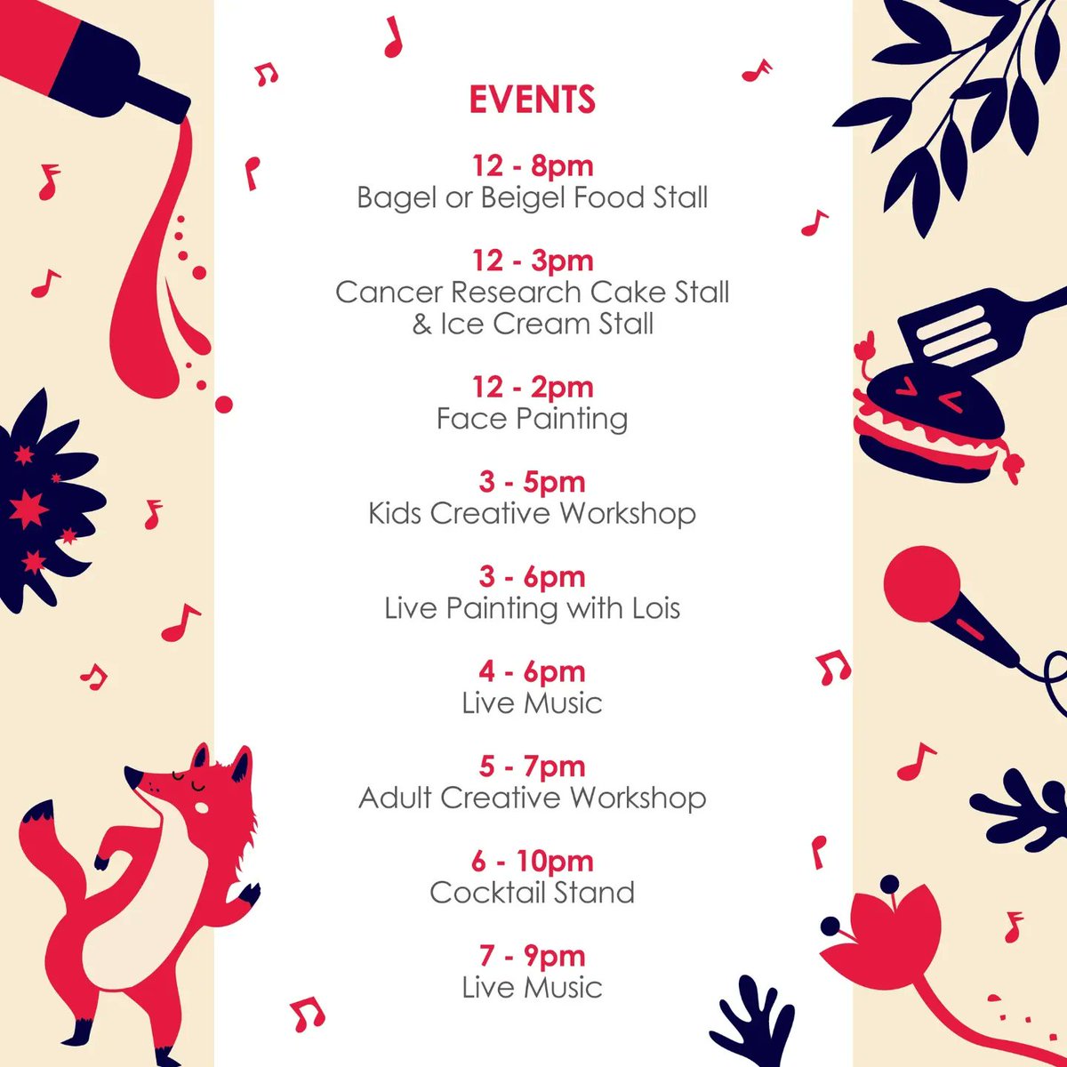Here is our timetable of events for our Fox Yard Summer Party this Saturday 😍 12-11PM