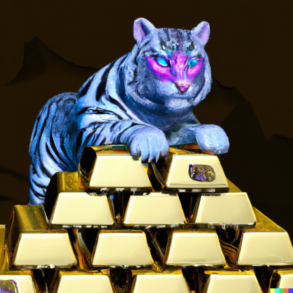 _JacobStone's tweet image. Day 4 of 50!

@MrBeast recently hit 100,000,000 subscribers on @YouTube. His logo is a blue tiger with pink lightning by the eye so I tried to make something off of that.

“A blue tiger with glowing pink eyes standing on a pile of gold bars”

#50DaysOfDallE #dalle #dalle2