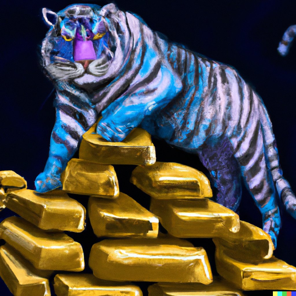 _JacobStone's tweet image. Day 4 of 50!

@MrBeast recently hit 100,000,000 subscribers on @YouTube. His logo is a blue tiger with pink lightning by the eye so I tried to make something off of that.

“A blue tiger with glowing pink eyes standing on a pile of gold bars”

#50DaysOfDallE #dalle #dalle2