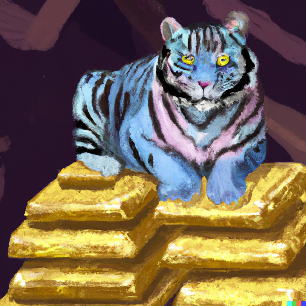 _JacobStone's tweet image. Day 4 of 50!

@MrBeast recently hit 100,000,000 subscribers on @YouTube. His logo is a blue tiger with pink lightning by the eye so I tried to make something off of that.

“A blue tiger with glowing pink eyes standing on a pile of gold bars”

#50DaysOfDallE #dalle #dalle2
