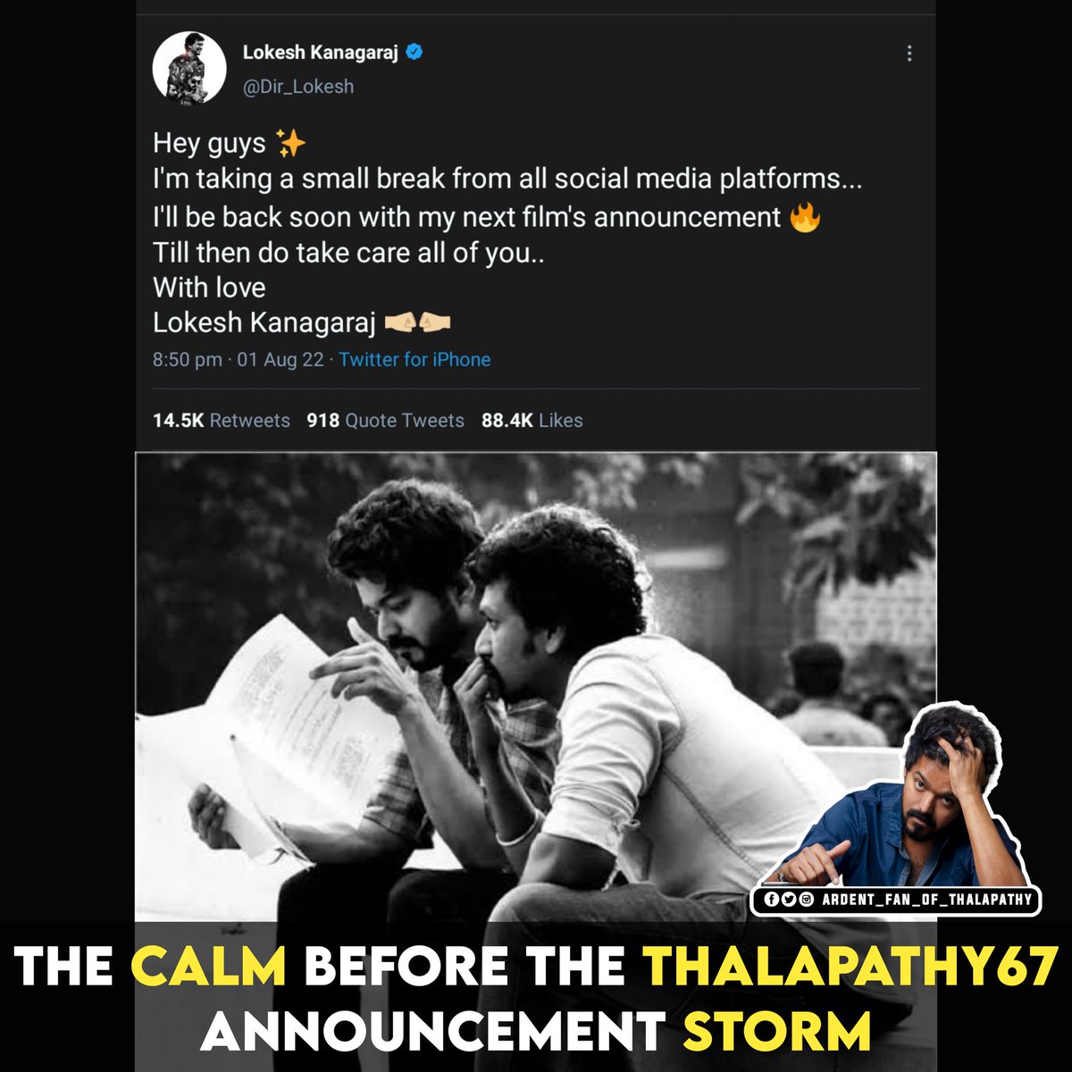 vinusofficial's tweet photo. The Calm Before th #Thalapathy67 Announcement Storm 💥
#Varisu #Varasudu #LokeshKanagaraj
@Dir_Lokesh @MrRathna @Jagadishbliss
#Varisu #ThalapathyVijay 

For More Updates follow me 👉 @ardentfan_of_VJ 👈
#thalapathy66 #ardentfanofthalapathy #vj #Vijay #Thalapathy  #ActorVijay https://t.co/F8mf1NpQVw