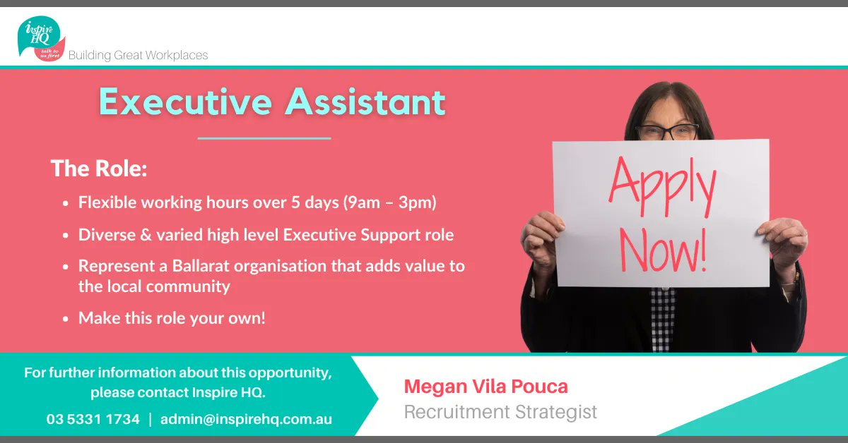 Inspire_HQ's tweet photo. Flexible hours in a varied role, working for a manager who'll value your contribution &amp; allow you to shine - what more could you want?! We're #recruiting for an Executive Assistant to join our client's business.
Call Megan on 0427 539 233 or visit https://t.co/DS9TPiJXgu 
#hiring https://t.co/R3KAXiwJcu