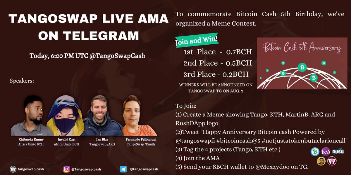 AfricaUniteBCH's tweet photo. Happy birthday to bitcoincash
Let's tango !! Ama telegram group!!
Banner credit goes to @LumangBulbul
#bitcoincash #smartbch #tangoswap #martin b
#notjustatokenbutaclarioncall https://t.co/toXxyL1jqc