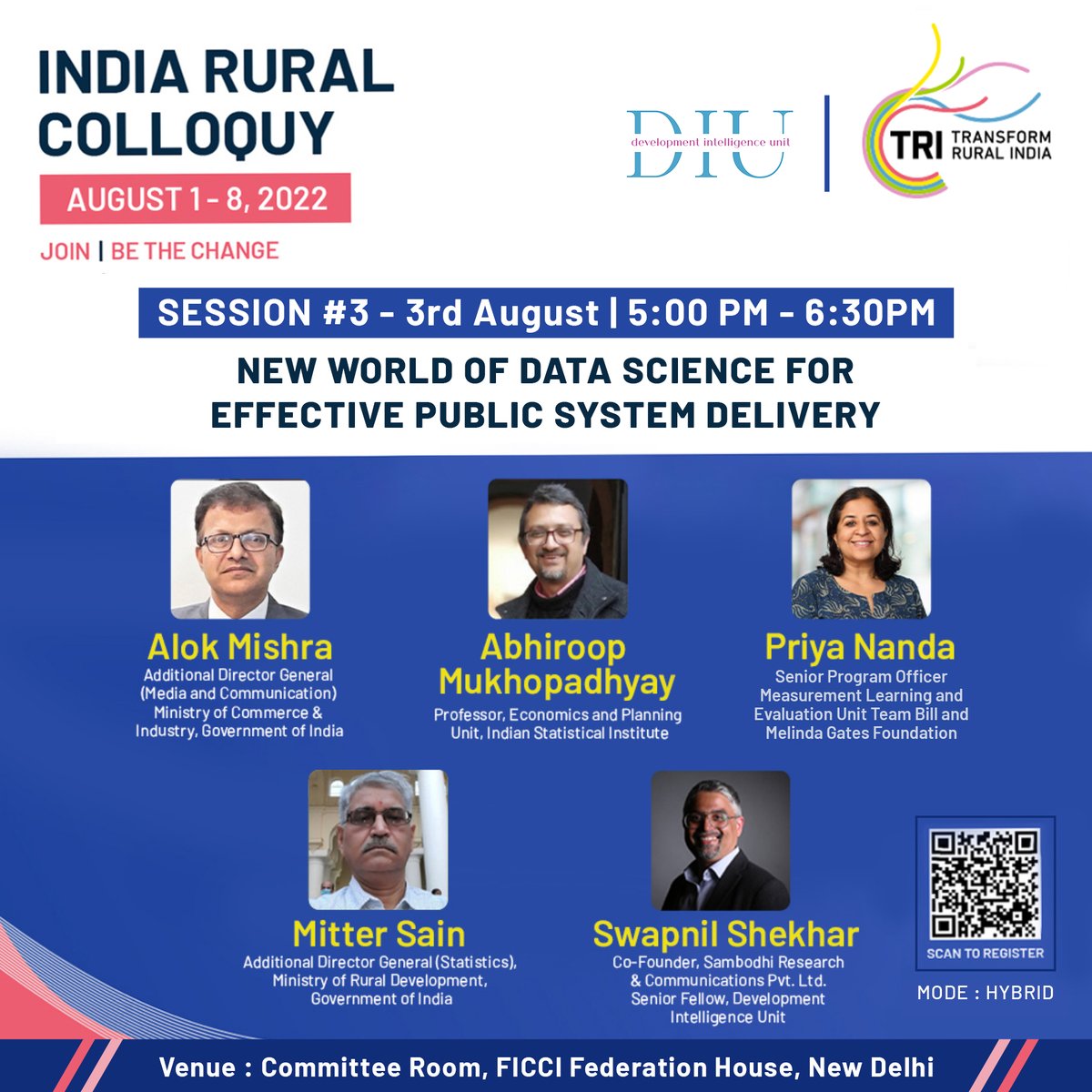 TRIFoundation's tweet photo. Register Now! https://t.co/ZImPo9tqMG
Session on "New World of Data Science for Effective Public System Delivery"
#AlokMishra, @AbhiroopMukho, #PriyaNanda, #MitterSain & @swapnilshekhar
Date- 3rd August 2022
At 5:00 PM - 6:30 PM
Venue: FICCI Federation House, New Delhi https://t.co/D0zoCHRTt0