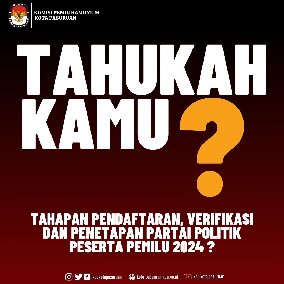 kpukotapasuruan's tweet photo. #TahukahKamu jadwal verifikasi parrtai politik, dan apa saja yang harus dilalui agar bisa menjadi peserta pemilu tahun 2024 ?
Simak dikit yuk.
#Verpol
#Pemilu2024Serentak https://t.co/MdrzLDcqxU