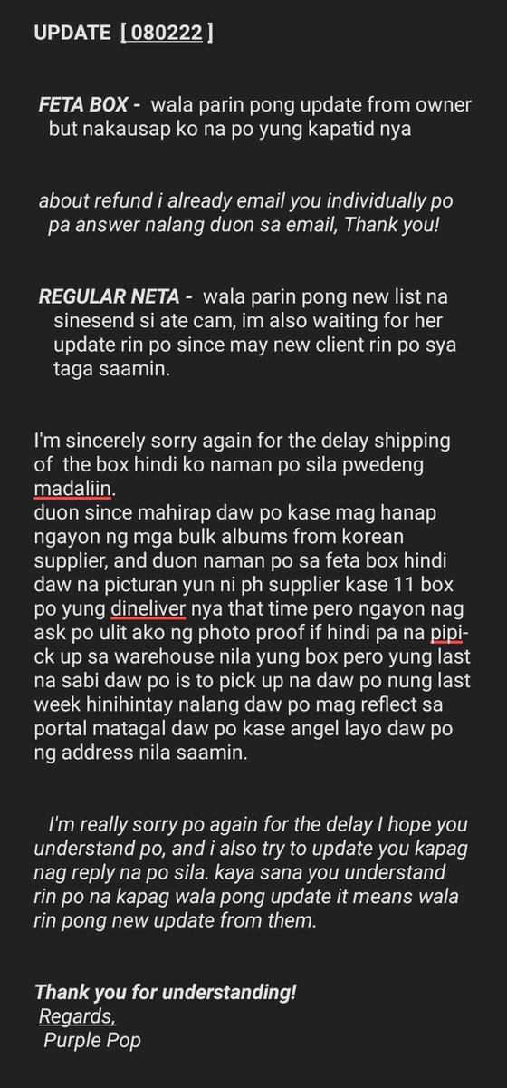 Hello here's the update today po, as of now wala pa pong reply sakin si supplier, will update agad kapag nag response na. 

 Here's the list po sa mga nag ask for refund: docs.google.com/spreadsheets/d… 

 I'm sorry again for the delay, Thank you for understanding po! 🥰