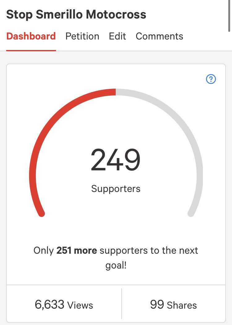 stopmotocross's tweet photo. We’ve passed the 200 mark thank you, but look at all those viewings. Over 6600! It’s a shame more people can’t sign as it only takes a second, you don’t have to pay a thing. Just click on the confirmation email they send you. Please sign. Thanks so much! 
https://t.co/jEwW27EI94 https://t.co/LZ2Oeud2pC